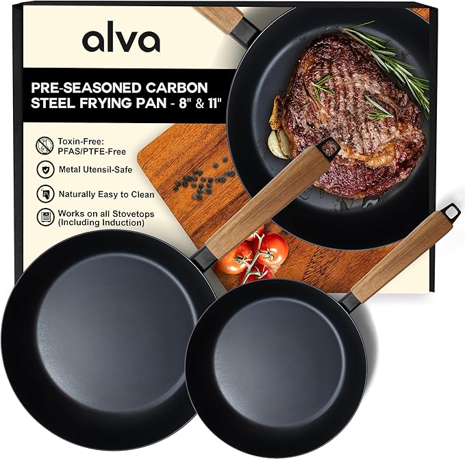 Alva Forest 8" & 11" Carbon Steel Frying Pan Set – Naturally Nonstick, Pre-Seasoned, with Acacia Wood Handle, Made Without PTFE, PFOA, PFAS – Sustainable Belgian Design, Induction & All-Stovetop Safe
