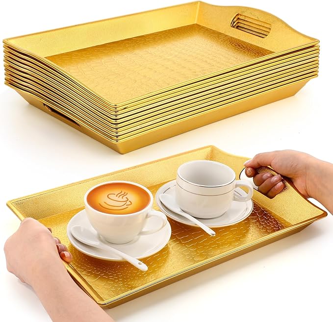 10 Pack Gold Plastic Serving Trays with Handles 15x9.8 Large Reusable Portable Rectangular Decorative Party Serving Trays for New Year Holiday Wedding Party Table Catering