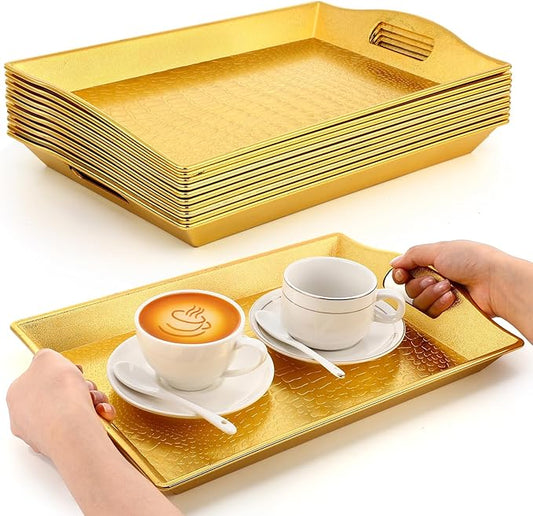 10 Pack Gold Plastic Serving Trays with Handles 15x9.8 Large Reusable Portable Rectangular Decorative Party Serving Trays for New Year Holiday Wedding Party Table Catering