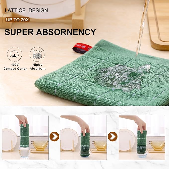 Mordimy 100% Cotton Terry Cloth Dish Cloths, Soft and Absorbent Checkered Dish Towels, Quick Drying Dish Rags for Washing Dishes, 8 Pack, 12 x 12 Inches, Grass Green