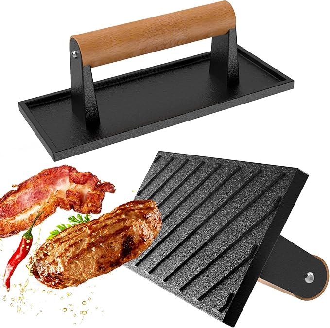 LLAMA VIVA 8.5"*3.1" Smash Burger Press, Cast Iron Grill Press with Wood Handle - Rectangle, Juicy and Crispy Burgers for BBQs, Cookouts - 1Pcs