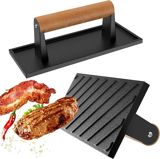 LLAMA VIVA 8.5"*3.1" Smash Burger Press, Cast Iron Grill Press with Wood Handle - Rectangle, Juicy and Crispy Burgers for BBQs, Cookouts - 1Pcs