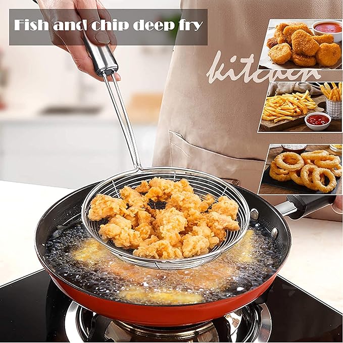 Kitchen Strainer Spoon for Deep Frying, Fine Mesh Oil Strainer with Long Handle for Cooking, Pasta, Noodles, French Fries and Fried Snacks