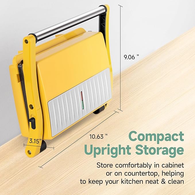 SUSTEAS Panini Press Sandwich Maker and Electric Indoor Grill, Easy Clean Nonstick Grids, Opens 180°/105° to Fit Any Type or Size of Food, 304 Stainless Steel, Homemade BBQ, Yellow