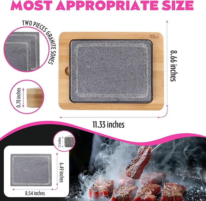 Artestia Lava Stone for Steak with 2PCS Stones, Hot Rock Tabletop Grilling Stones for Wagyu with Bamboo Tray, Mini Pizza Grilling Stones, 8.46"*6.49"