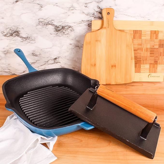 Berghoff Neo 2Pc Enameled Cast Iron Grill Set, Grill Pan 11 inches, Bacon/Steak Press 8 inches, Fast, Evenly Heat, Oven safe (Blue)
