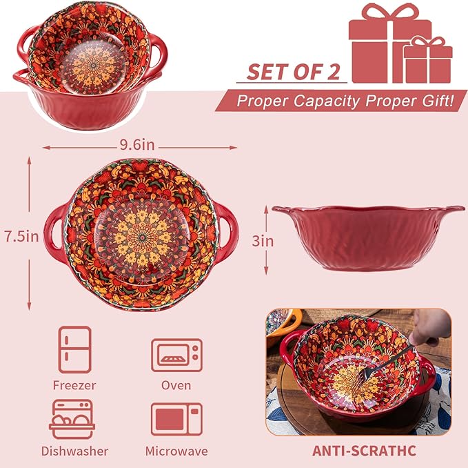 Boho Ceramic Serving Bowls with Handles Set of 2, Ceramic Large Serving Bowls, 40 Oz Porcelain Salad Bowls, Large Serving Dishes for Entertaining, Nesting Mixing Bowls for Soup,Stew,Fruits,Dinner