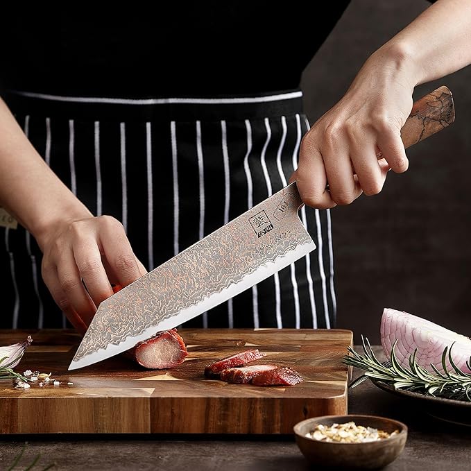 zayiko Limited Edition Copper Damascus Chef’s Knife – 8.3" Kiritsuke Blade | Damascus Steel with VG10 Core & Copper Texture | Maple Wood Handle | Professional Kitchen Knife in Gift Box