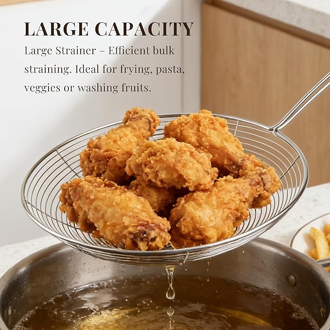 Spider Strainer Fine Mesh & Skimmer Spoon 4-Piece Set, Stainless Steel Pasta Ladle with Long Handle for Frying, Cooking and Carnitas (4.7”+5.5”+7.1”+8.7”)