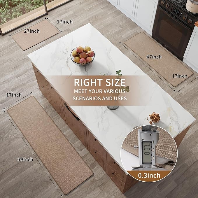 Kitchen Mat Kitchen Rugs Sets of 2 PCS Non Slip Washable, Linen-Like 0.3" Thick Cushioned Absorbent Kitchen Mats for Floor, Mild Anti-Fatigue Sink Laundry Standing Mat, Brown 17"x30"+17"x47"
