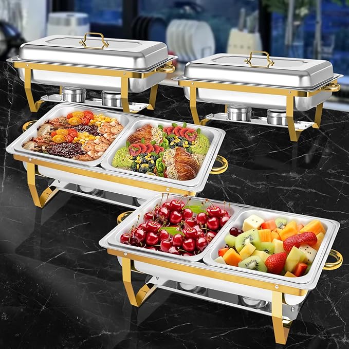 8QT Chafing Dishes for Buffet 4 Pack Golden Food Warmer with Half Size Food Pans, Chafing Dish Buffet Set with Stackable Design Less Storage Space for Party, Wedding