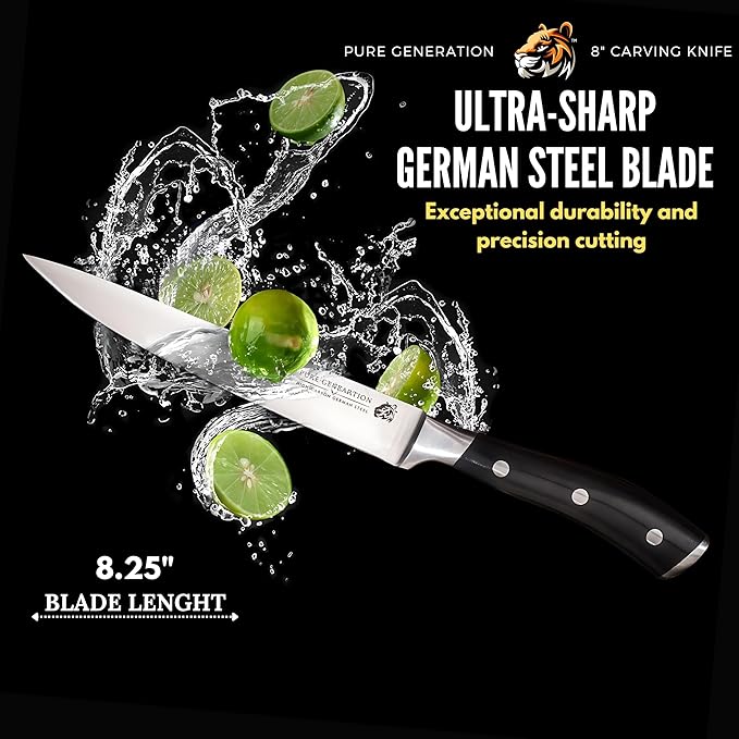 8" Carving Knife for Meat – Butcher Knife, Razor Sharp German Steel Slicing Knife with Ergonomic Handle for Turkey, Ham, Fruits, and Meat Cutting