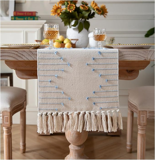 Boho Table Runner 13 x 108 Inch Long Natural Cotton Woven Runner with Tassels for Home Dining Table décor, for Modern Farmhouse Decor Coffee Table Runner, Light Blue and Beige