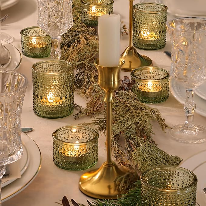 Green Votive Candle Holders Set of 24, Assorted Heights Polka Dot Tealight Candle Holders for Table Centerpiece, Green Glass Candle Holder Decor for Wedding, Party & Home Decor