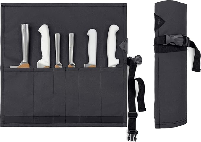Under NY Sky Knife Roll Case - 6 Slots - Heavy Duty Oxford Canvas Pouch - Leather Reinforced - Portable Bag for Cooking Tools, Utensils, Cutlery Knives, Brushes - Chefs, Kitchen, Travel, Gift - Gray