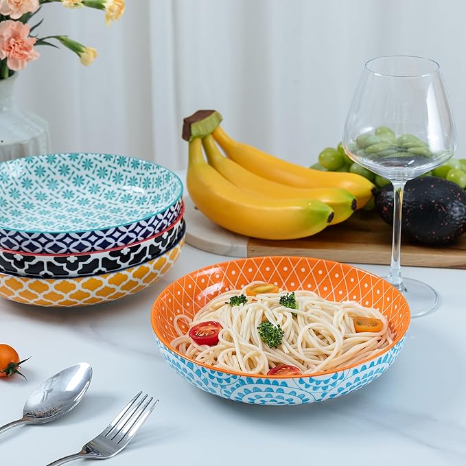 LEHAHA Porcelain Pasta Bowls, 32oz Ceramic Dinneware Dinner Bowls Set of 4, Large Colorful Wide and Shallow Salad Serving Bowls for Kitchen, Dishwasher & Microwave Safe, Multicolor
