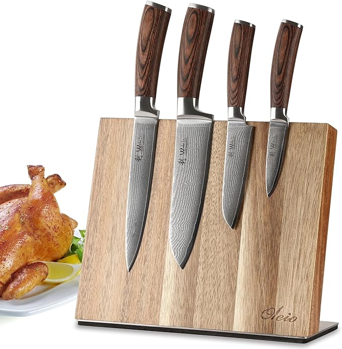 Wakoli EDIB 4-Piece Damascus Knife Block Set – Professional Kitchen Knives with Magnetic Acacia Block, 67-Layer Damascus Steel Blades and Ergonomic Pakkawood Handles – Premium Knife Set with Block