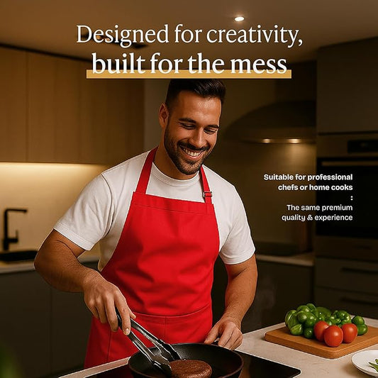 Will Well Kitchen Apron for Men and Women - 33" x 27" Oil-and-Water-Resistant with Adjustable Neck Strap and 38" Waist Ties for a Snug Fit, Lightweight with 2 Front Pockets - 1-Pack, Red