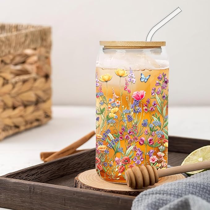 Floral Glass Cups with Lids and Straws 16 Oz Flower Iced Coffee Cup Cute Wildflower Drinking Glasses Birthday Mothers Day Valentines Christmas Flowers Gifts for Women Her Mom Friends