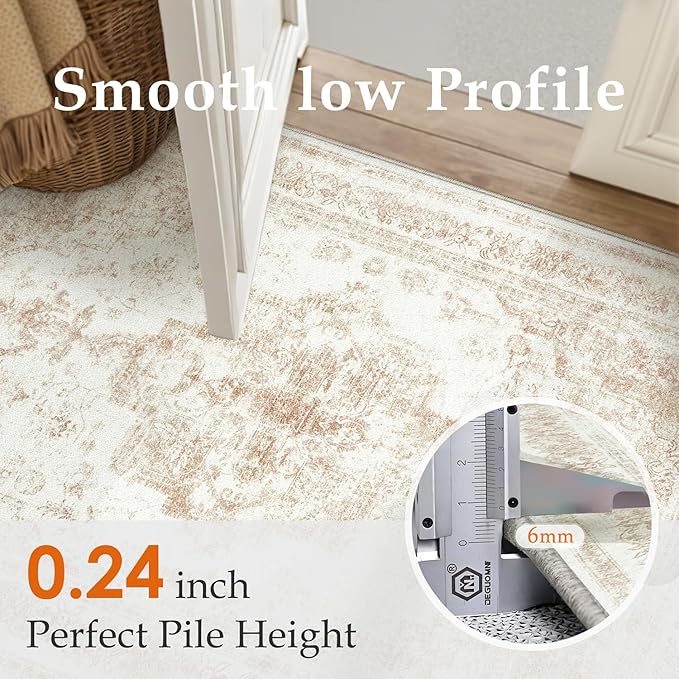 Runner Rug 2x12 Cream Hallway Washable Beige Carpet Non Slip Vintage Medallion Beige Carpet Low Pile Soft Distressed Retro Indoor Long Rug for Entryway Kitchen Bathroom Laundry Bedroom