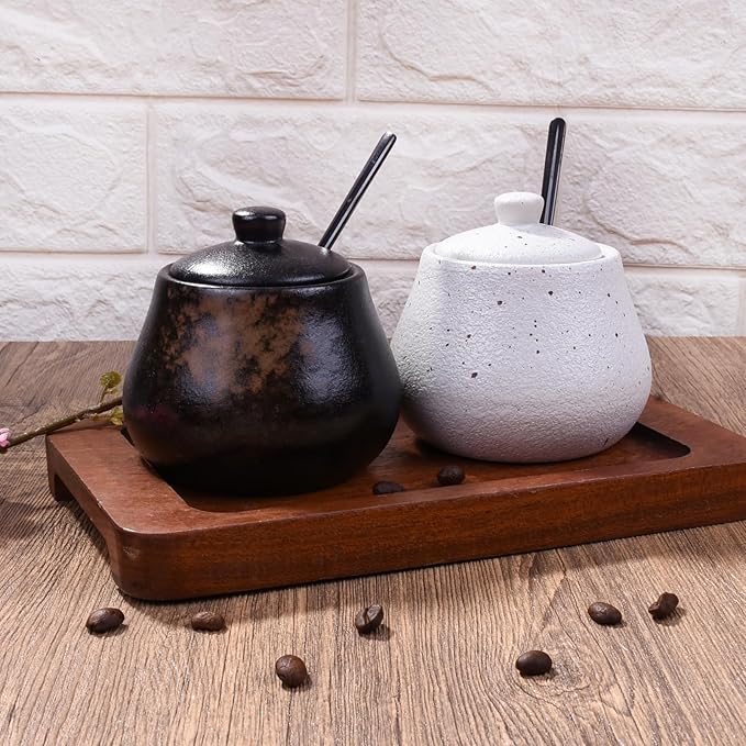 Sugar Bowl with Lid and Spoons Porcelain Salt Containers Spice Bowls for Spice Seasoning (White)