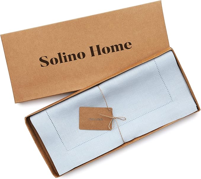 Solino Home Linen Light Blue Table Runner 120 Inches Long - 100% Pure Linen 14 x 120 Inch Table Runner for Winter, Spring, Easter - Classic Hemstitch