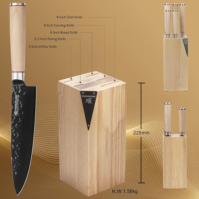 YOUSUNLONG Knife Block Sets - 5 Piece Chef Knife Set - Japanese AUS8 Steel Black Titanium - Natural Fraxinus Americana Wood Knife Holder - Canadian Maple Wood Handle - With Gift Box
