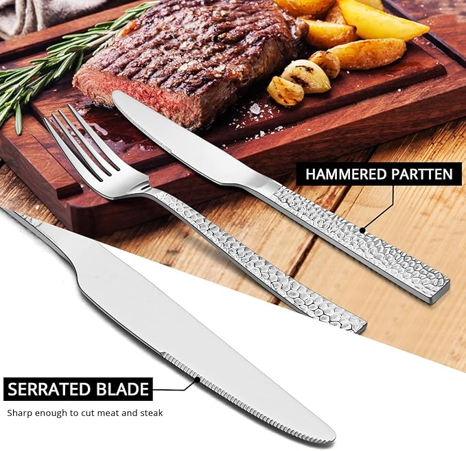 E-far Hammered Dinner Knives Set of 6, 8.9 Inch Stainless Steel Serrated Steak Butter Knife for Home Kitchen Restaurant, Modern Design & Square Edge, Mirror Finish & Dishwasher Safe