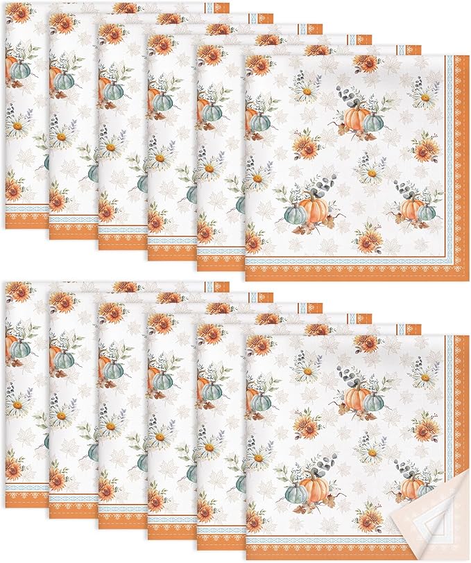 Fall Pumpkin Napkins, 18×18 Inch Dinner Cloth Napkins Set of 12, Washable Cotton Soft Absorbent Square Table Top Decoration for Dining Kitchen Party Wedding