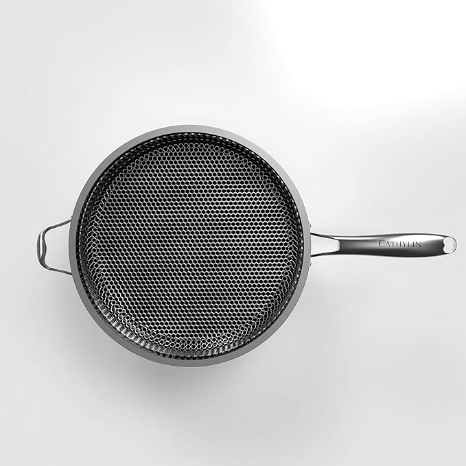 CATHYLIN 316L Stainless Steel 7QT Frying Pan Hex Nonstick Wok with Lid,Single Handle to Hold, PFOA Free, Dishwasher Oven Safe (7QT/Single Handle)