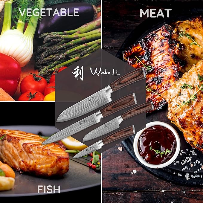 Wakoli EDIB 4-Piece Damascus Knife Block Set – Professional Kitchen Knives with Magnetic Acacia Block, 67-Layer Damascus Steel Blades and Ergonomic Pakkawood Handles – Premium Knife Set with Block