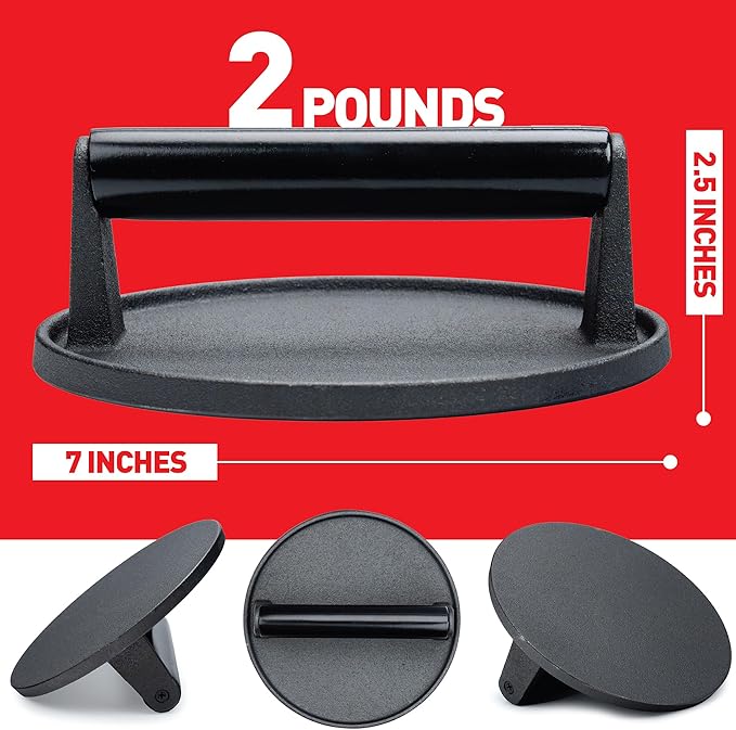 Smash Burger Press Kit - 7'' Flat Bottom Round Premium Cast Iron Press with 35 Pcs Patty Paper,12 Inch Heavy Duty Round Basting Cover Melting Dome. Perfect for Hamburger, Bacon, Meat, Sandwich