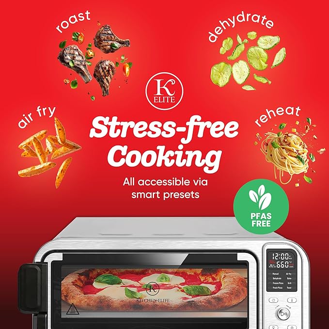Kitchen Elite 8 in 1 Digital Toaster Oven Air Fryer Combo with Touch Panel and 12 Inch Pizza Capacity, Stainless Steel, Silver