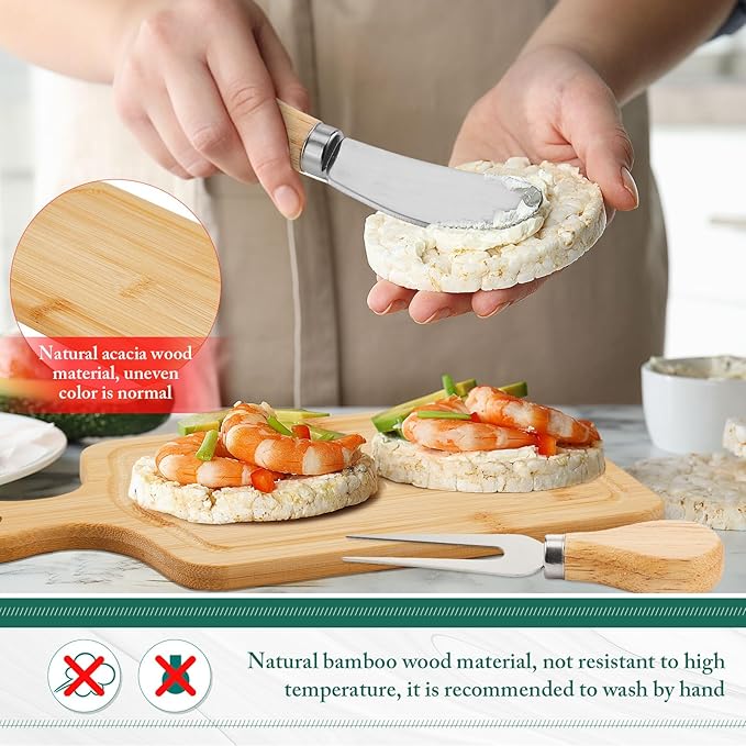 Ziliny 90 Set Bridal Baby Shower Cheese Prizes Wooden Square Board Gift Set Knives Forks Thank You Tag with Box for Guests for Valentines Bridal Baby Shower Housewarming (Acacia Color) (Bamboo Color)