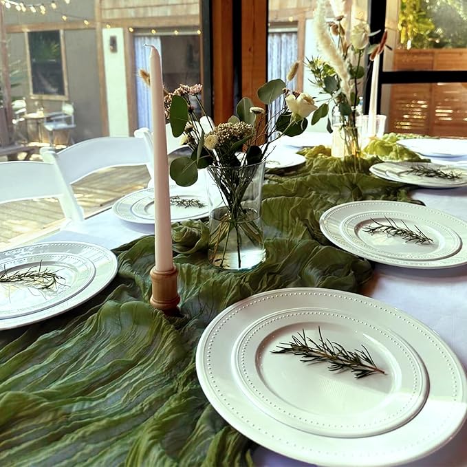 10 Pack Olive Green Cheesecloth Table Runner 6FT Boho Gauze Fabric Table Runner Vintage Rustic Sheer Runners for Wedding Party Bridal Baby Shower Long Table Decorations