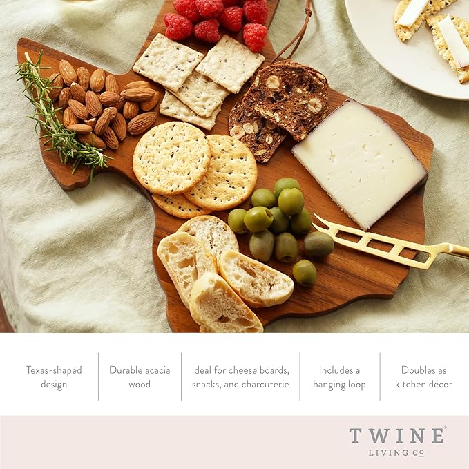 Twine Living Texas-Shaped Acacia Wood Cheese Board - Durable Cheese, Charcuterie and Serving Platter with Hanging Loop, Perfect for Entertaining and Kitchen Décor, Texas Cutting Board, Set of 1