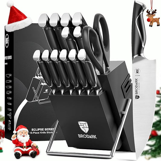 BRODARK Kitchen Knife Set with Block and Sharpener, 15 Pcs Sharp Knives Set for Kitchen, Christmas, Stainless Steel Full Tang Knife Block Set, Ergonomic Handle Professional Chef Kitchen Knives Sets