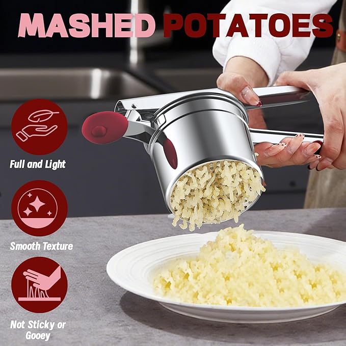 Large 15oz Potato Ricer for Mashed Potatoes, Heavy Duty 18/8 Stainless Steel Potato Masher for Baby Food & Spaetzle Maker, Masher and Ricer Kitchen Tool, Press and Mash Kitchen Gadget, Red