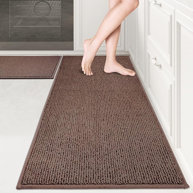 PURRUGS Machine Washable Kitchen Rug Set [2 PCS] (24" x 36"+ 24" x 60"), Non-Slip/Skid Kitchen Runner Rugs & Floor Mats, Super Absorbent Soft Area Rugs for Sink, Kitchen & Laundry, Brown