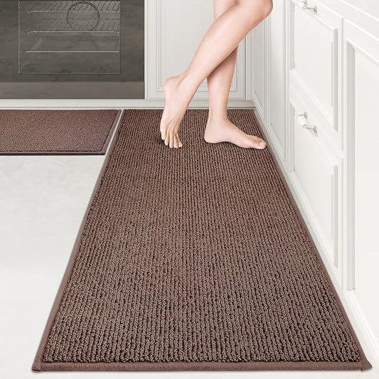PURRUGS Machine Washable Kitchen Rug Set [2 PCS] (24" x 36"+ 24" x 60"), Non-Slip/Skid Kitchen Runner Rugs & Floor Mats, Super Absorbent Soft Area Rugs for Sink, Kitchen & Laundry, Brown