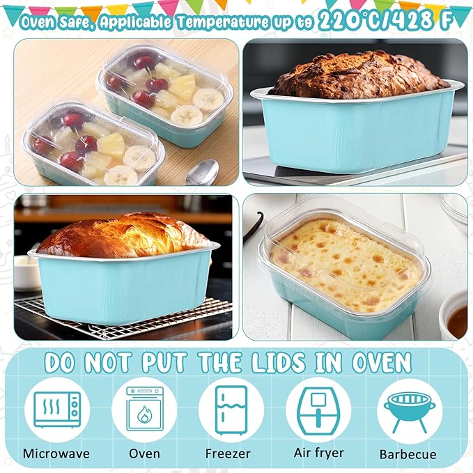 Vesici 100 Sets Mini Loaf Pans with Lids, 5.7 oz Disposable Aluminum Foil Baking Cups, Rectangle Cake Pans for Pudding Desserts Muffin Baking Storage Valentines Wedding Birthday Party(Powder Blue)