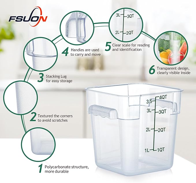 FSUON 4 Pack Clear Food Storage Containers with Lids and Handles Polycarbonate Square Commercial Food Containers, NSF (4Qt)