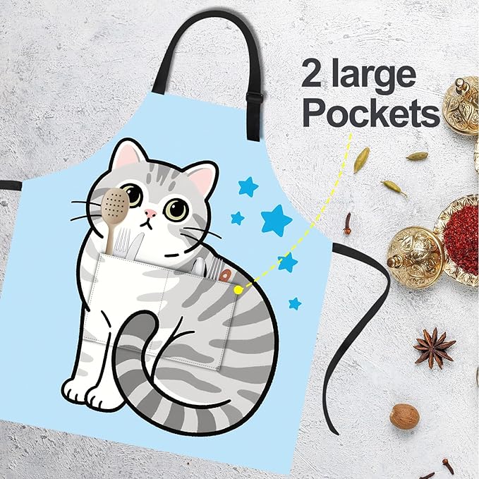 Funny Cat Apron with 2 Pockets Waterproof for Men Women Kitchen Garden Decor