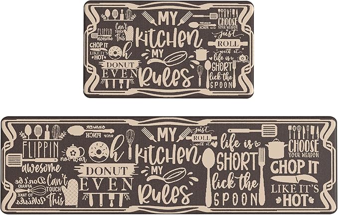 GENIMO Kitchen Mats for Floor 2PCs, Washable Anti Fatigue Mat for Cushioned, 17.3"x59"+17.3"x30", Waterproof Kitchen Rugs, Non Slip Comfort Standing Mat Rug for Sink, Laundry, Home, Coffee