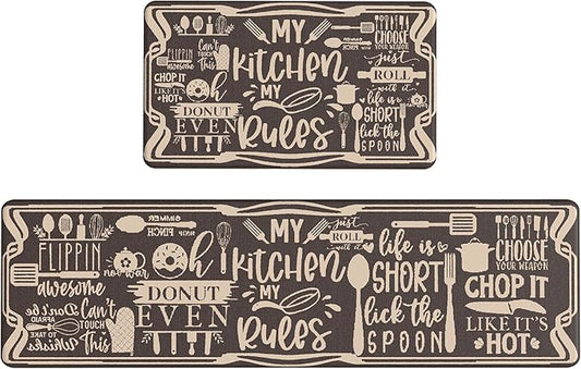 GENIMO Kitchen Mats for Floor 2PCs, Washable Anti Fatigue Mat for Cushioned, 17.3"x59"+17.3"x30", Waterproof Kitchen Rugs, Non Slip Comfort Standing Mat Rug for Sink, Laundry, Home, Coffee