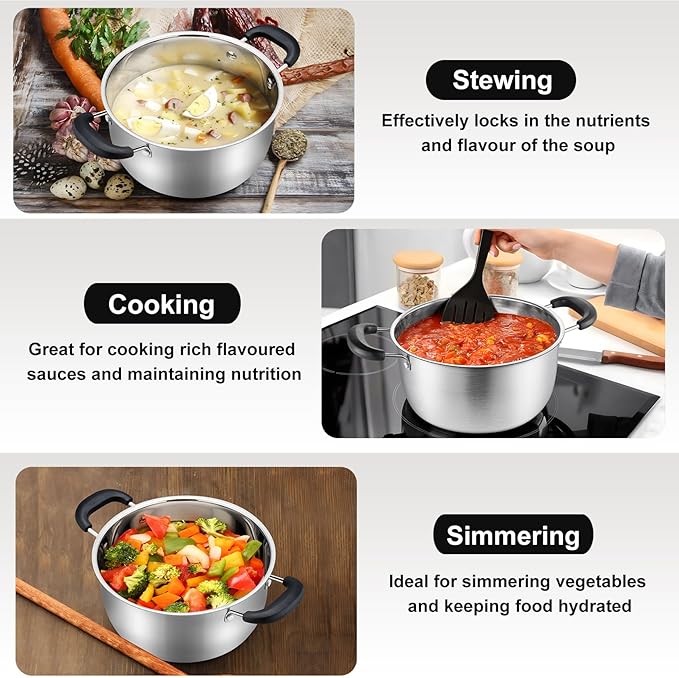P&P CHEF 3 Qt Stockpot with Lid, Stainless Steel Cooking Stock Pot for Soup, Heat-Proof Double Handles with Visible Lid, Dishwasher Safe & Healthy, 1-Ply Metal