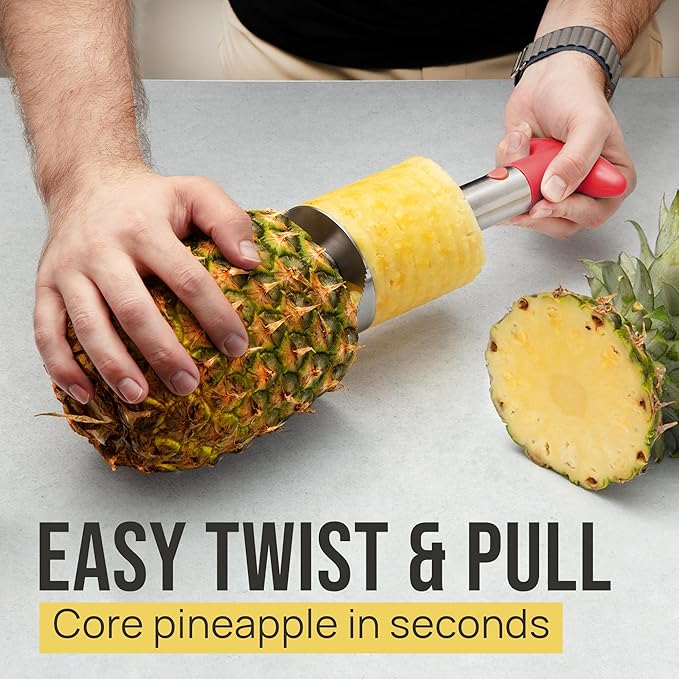 Zulay Kitchen Stainless Steel Pineapple Corer & Slicer – Heavy-Duty Pineapple Cutter with Reinforced Blade & Eye Removal Tool – Effortless Pineapple Core Remover & Slicer - Red