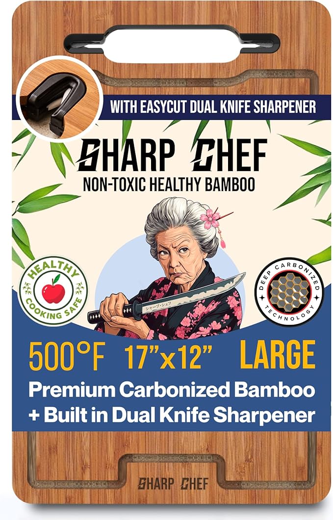 Sharp Chef Deep Carbonized Bamboo Cutting Board, Dual Sharpener – 17x12in Large Wood Cutting Board with Juice Groove, Dishwasher Safe, Giftable – Durable & Reversible Wooden Chopping Block for Kitchen