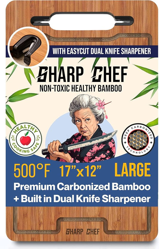 Sharp Chef Deep Carbonized Bamboo Cutting Board, Dual Sharpener – 17x12in Large Wood Cutting Board with Juice Groove, Dishwasher Safe, Giftable – Durable & Reversible Wooden Chopping Block for Kitchen