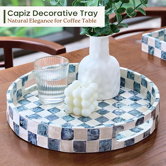 12.6 Inch Round Capiz Shell Decorative Tray with Handles, Serving Tray for Coffee Table & Ottoman, Coffee Table Trays for Living Room, Kitchen, Bathroom (Navy Blue)